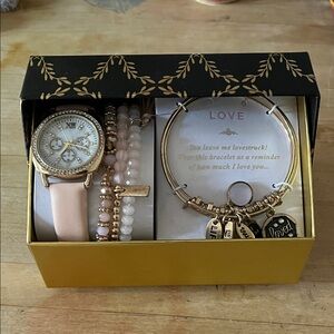 Gold and Pink Watch and Bracelet Set